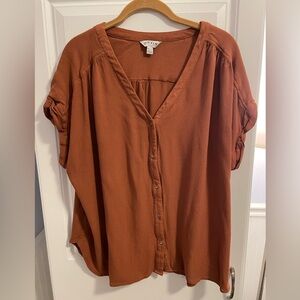Orvis Women's Sz XXL Brown Rayon Short Sleeve Button Front Blouse Shirt